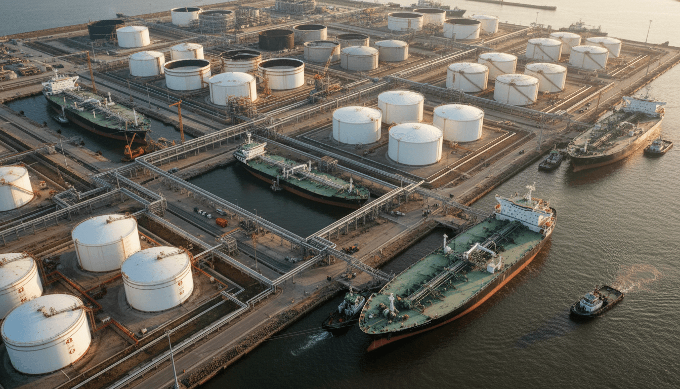Aerial view of a major oil tanker fleet at a busy port, illustrating the scale of a potential Nato oil embargo