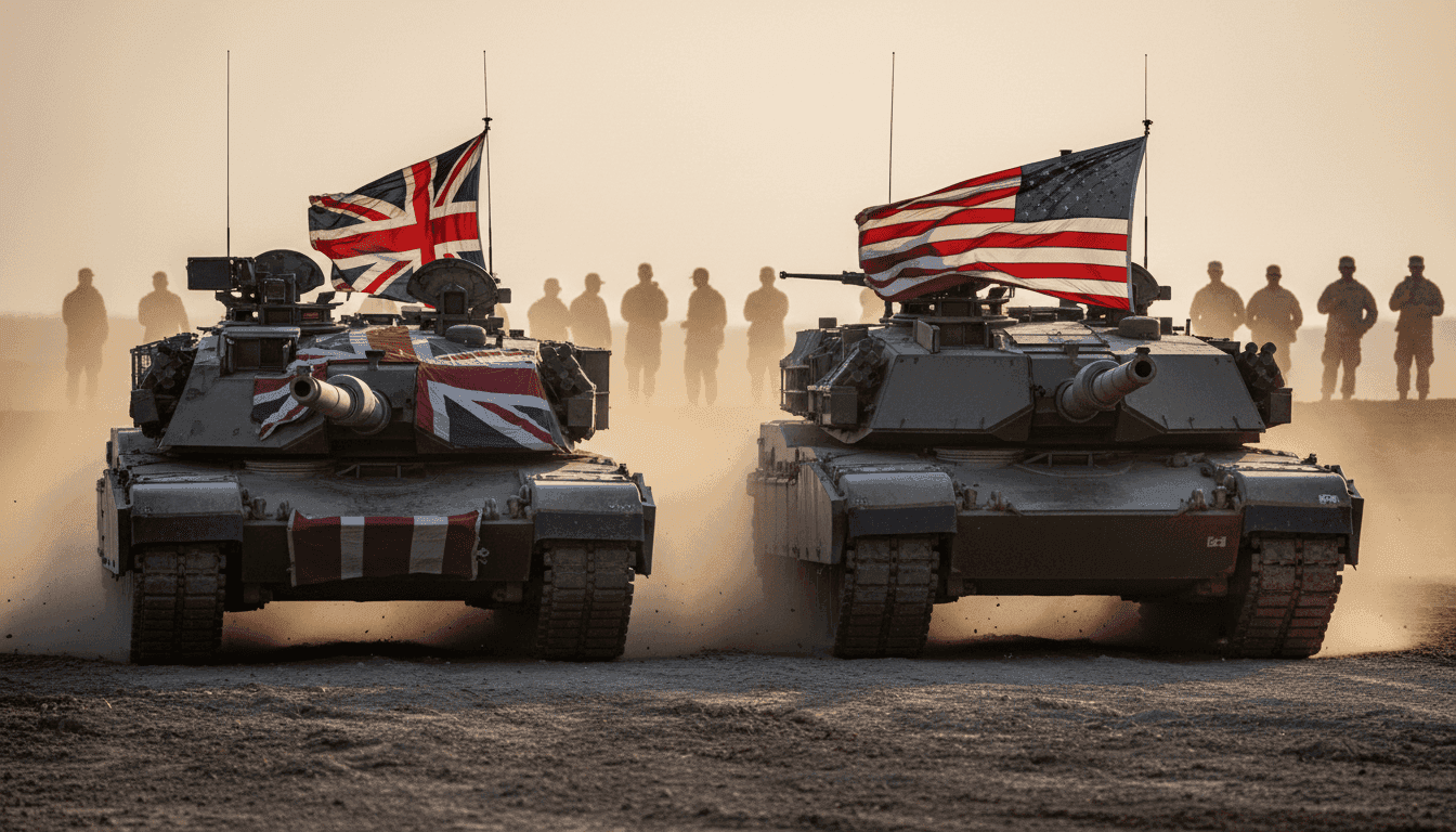 A British Challenger 2 tank and an American M1 Abrams tank positioned side-by-side, with a Union Jack and an American flag visible in the background, symbolizing Britain’s military dependence on US and the need for re-evaluation.