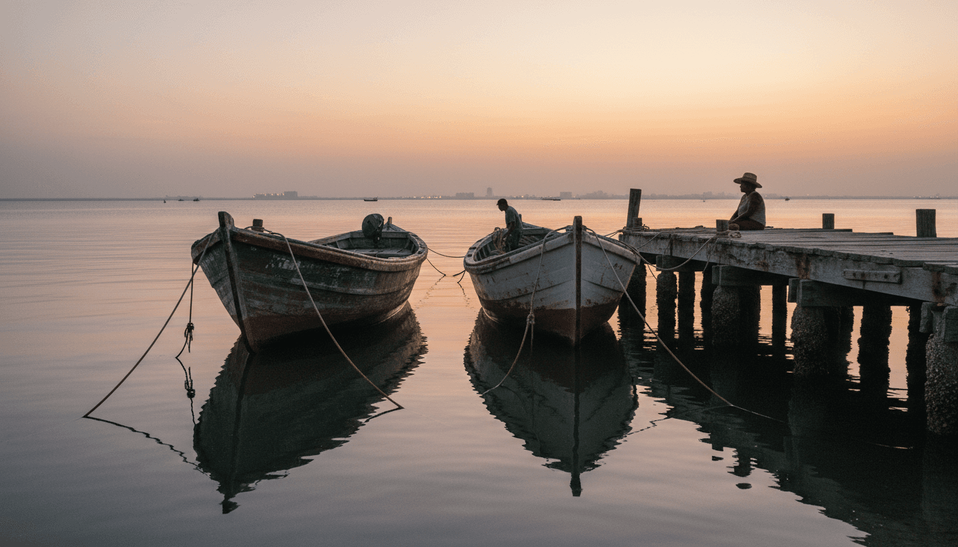 A lone, weathered fishing boat sits idle in a Cuban harbor at dusk, silhouetted against a fading orange sky, symbolizing the impact of the oil blockade on daily life and the need for Cuba humanitarian aid.