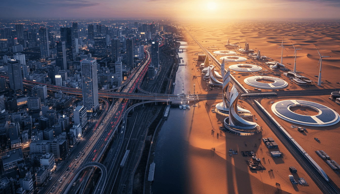 An aerial view showing the convergence of a modern Japanese city skyline and a futuristic Saudi Arabian desert development, symbolizing the Japan-Saudi summit's focus on technological and economic cooperation.