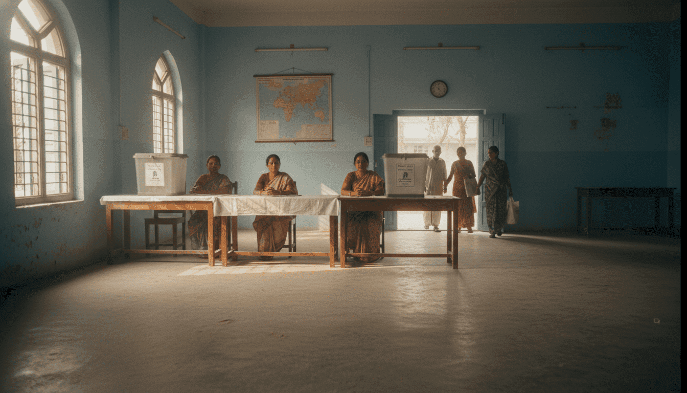 Empty polling booths with election officials waiting for voters in West Bengal, reflecting the low early turnout.