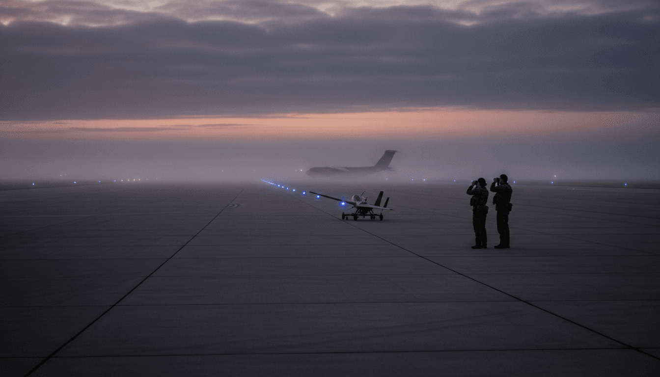 A dimly lit, empty military base runway at dawn, symbolizing the strained US-NATO alliance amid Iran war.