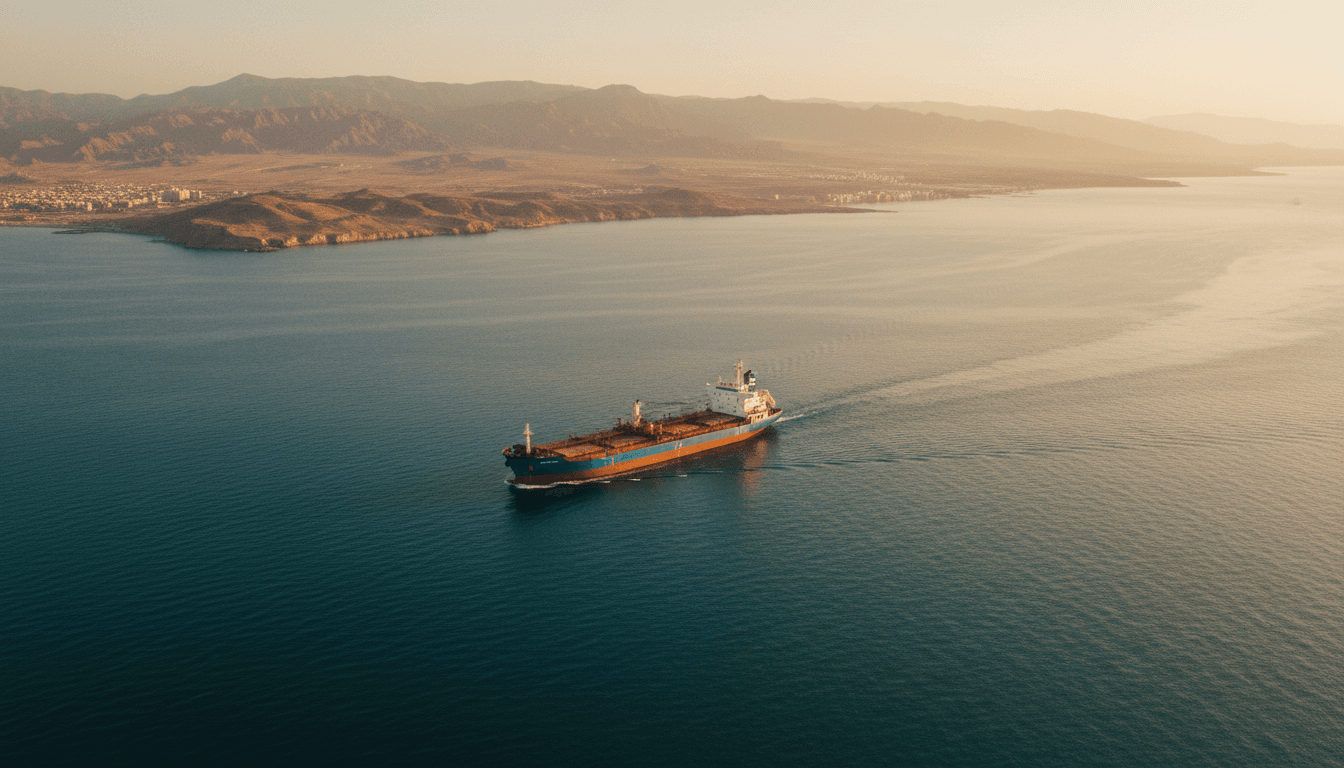 An aerial view of the Persian Gulf, showing a calm sea with a large cargo ship navigating, symbolizing the ongoing Iran ceasefire extension and temporary stability.