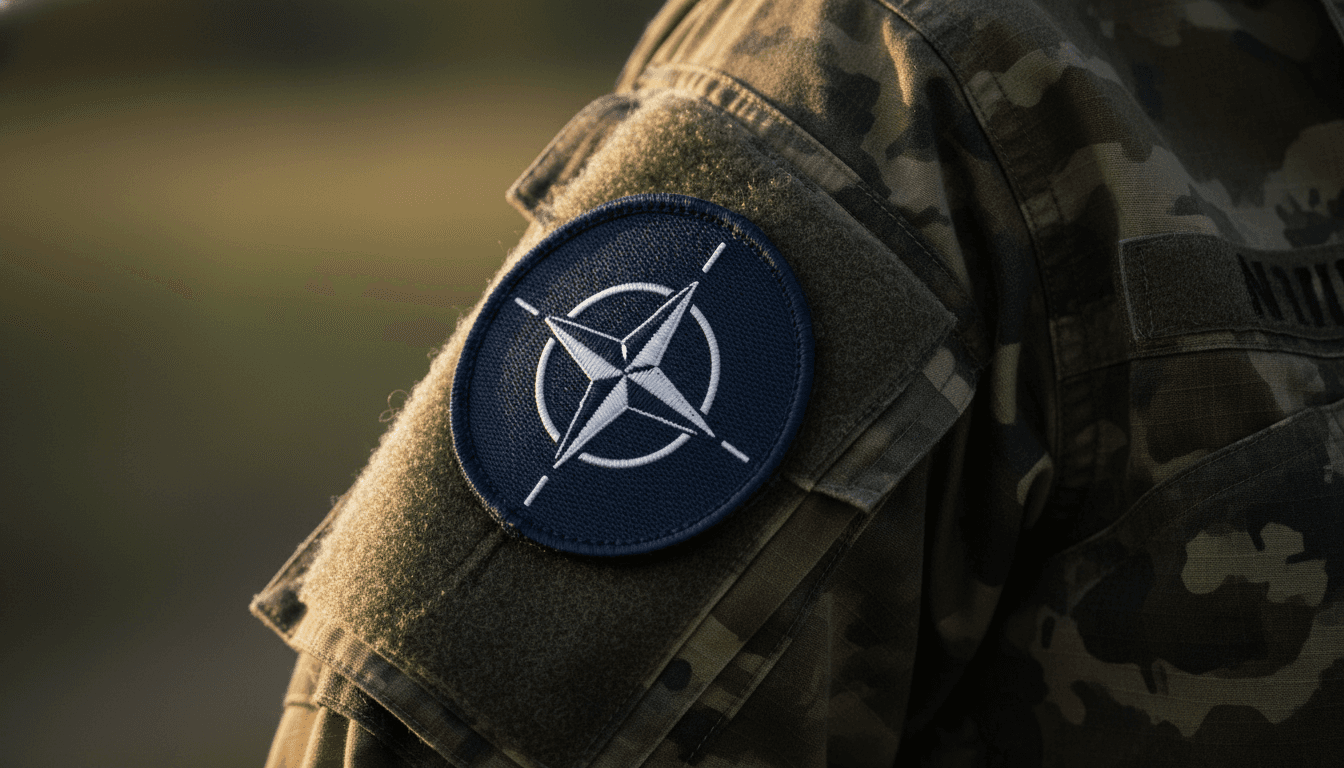 Close-up detail of a modern military uniform patch featuring the NATO emblem, symbolizing the clear readiness divide.