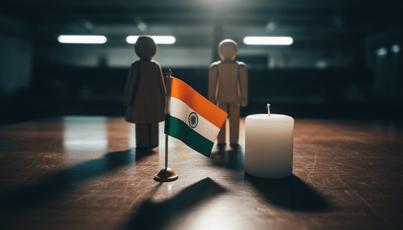 A detailed still life composition featuring a miniature Indian flag carefully placed beside a small, unlit candle, symbolizing India's diplomatic silence.