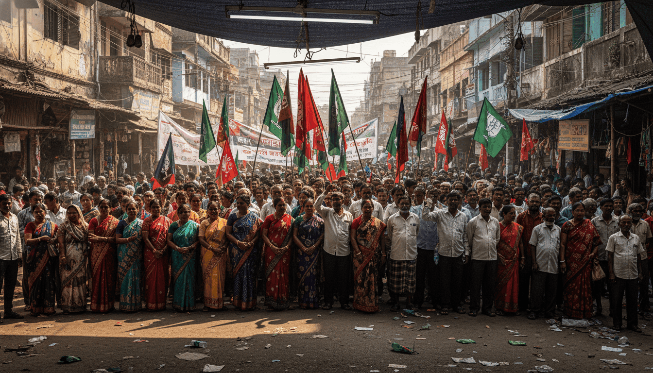 A candid street-level shot of a political rally in West Bengal, with supporters holding flags and banners, focusing on the atmosphere around potential poll disruptions.