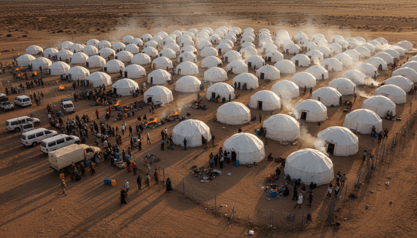 A bustling refugee camp with tents and temporary shelters stretching into the distance, illustrating the scale of displacement from a potential Iran war.