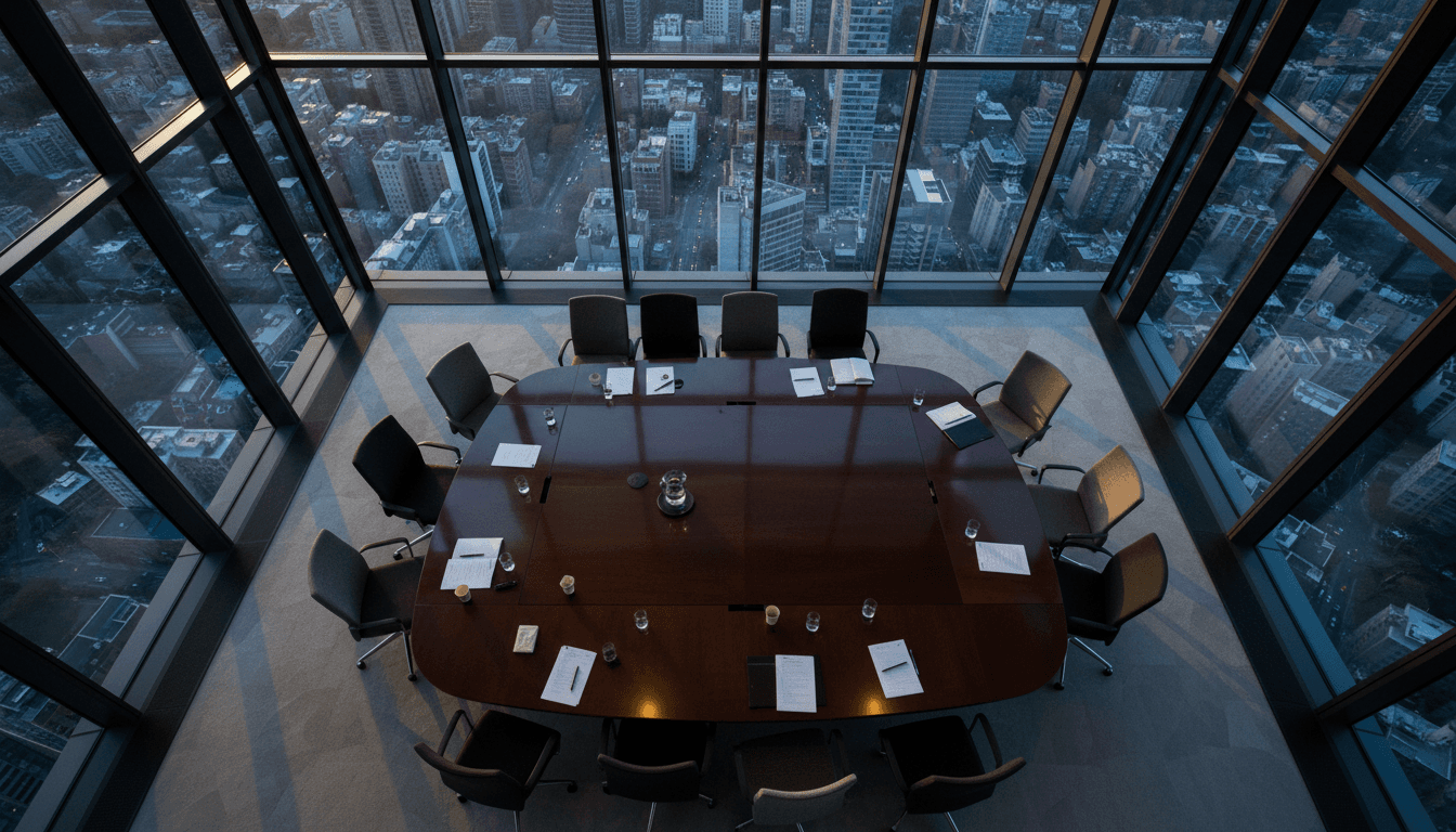 A wide-angle shot of a large, circular conference table in a modern, well-lit meeting room, with several chairs pulled back as if a high-level discussion on ending annual summits has just concluded.