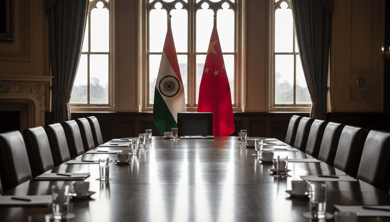 A dimly lit, formal meeting room with two national flags in the background, conveying the serious atmosphere as India China discuss LAC peace and regional crises.