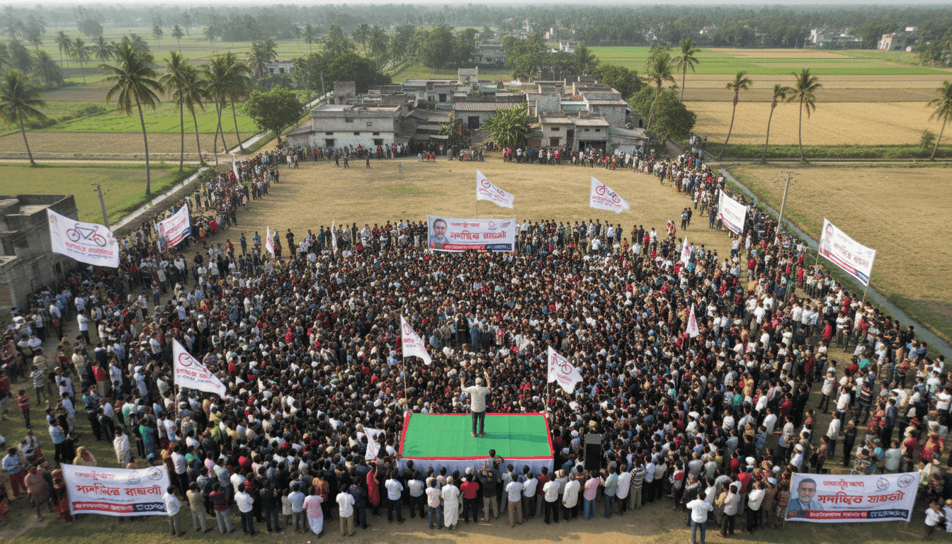 An aerial view of a bustling election rally for the Deganga Assembly Election 2024, with Masidul Sahaji's campaign banners visible.