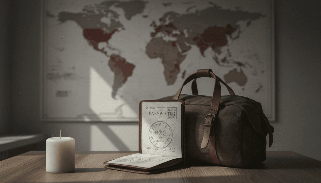 A collection of items symbolizing displacement and conflict, including a worn passport, a small, packed travel bag, a world map with highlighted conflict zones, and a single, unlit candle, representing the potential for Trump's Wars to ignite a refugee crisis.