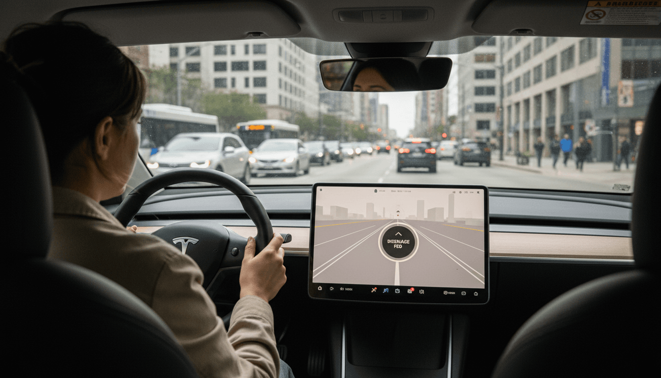 A Tesla vehicle's infotainment screen displaying a simplified and clear disengagement UI, reflecting the Tesla FSD v14.3.2 tweaks.