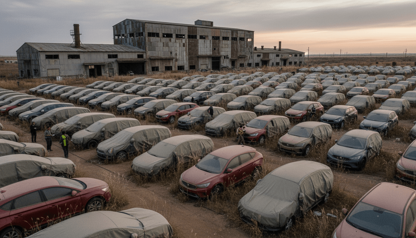 A row of various axed electric cars sitting in a barren, dusty 'graveyard' lot under an overcast sky.