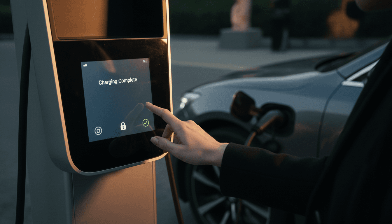 A close-up shot of an EV charging station's digital display showing a 'charging complete' message, with a padlock icon indicating security, symbolizing zero trust for EV charging networks.