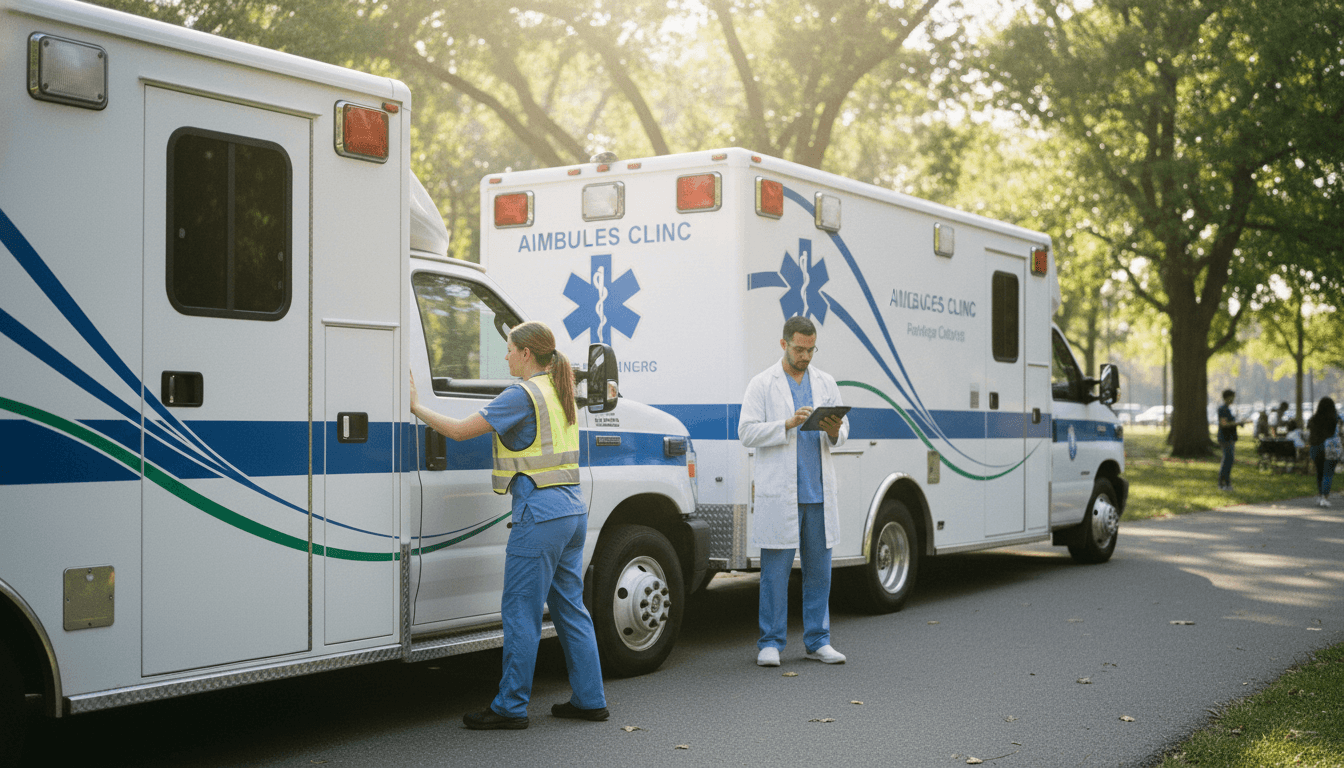 An advanced hybrid ambulance parked outside a mobile clinic, illustrating why EVs not ideal for mobile clinics yet.