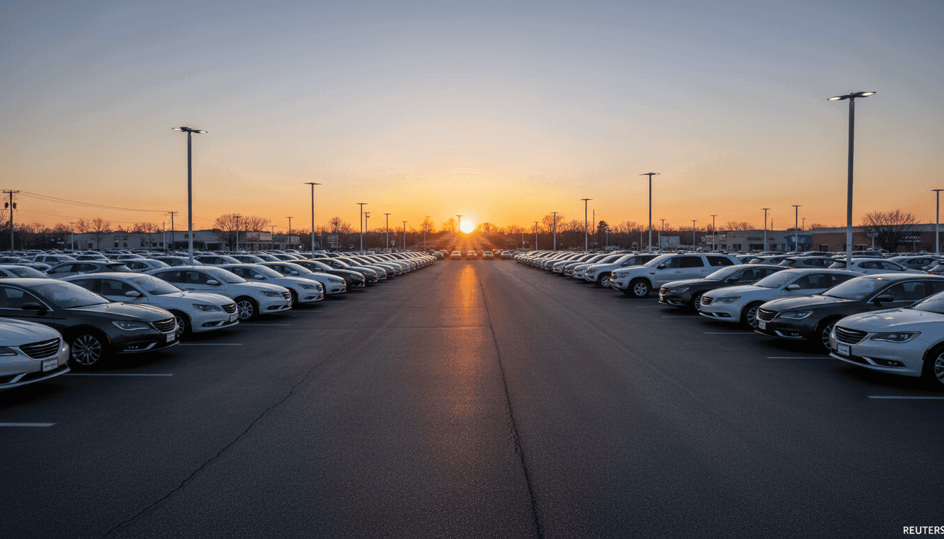 A quiet, empty Chrysler dealership lot at dusk, subtly illuminated, symbolizing the brand's achievement in having the fewest car recalls.