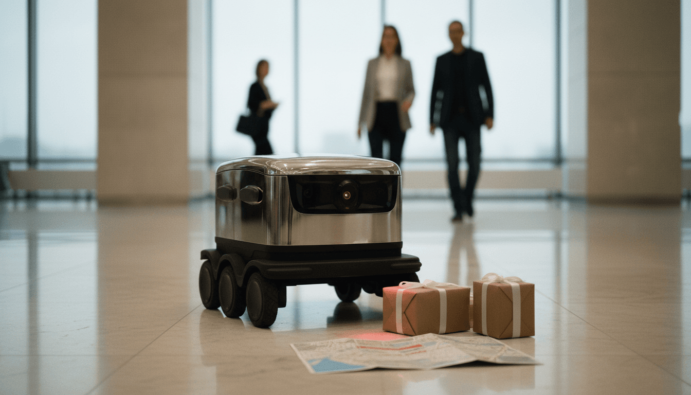 A Yandex.Rover is the newest autonomous vehicle, a compact, six-wheeled delivery bot, navigating a paved pathway near a modern office building.