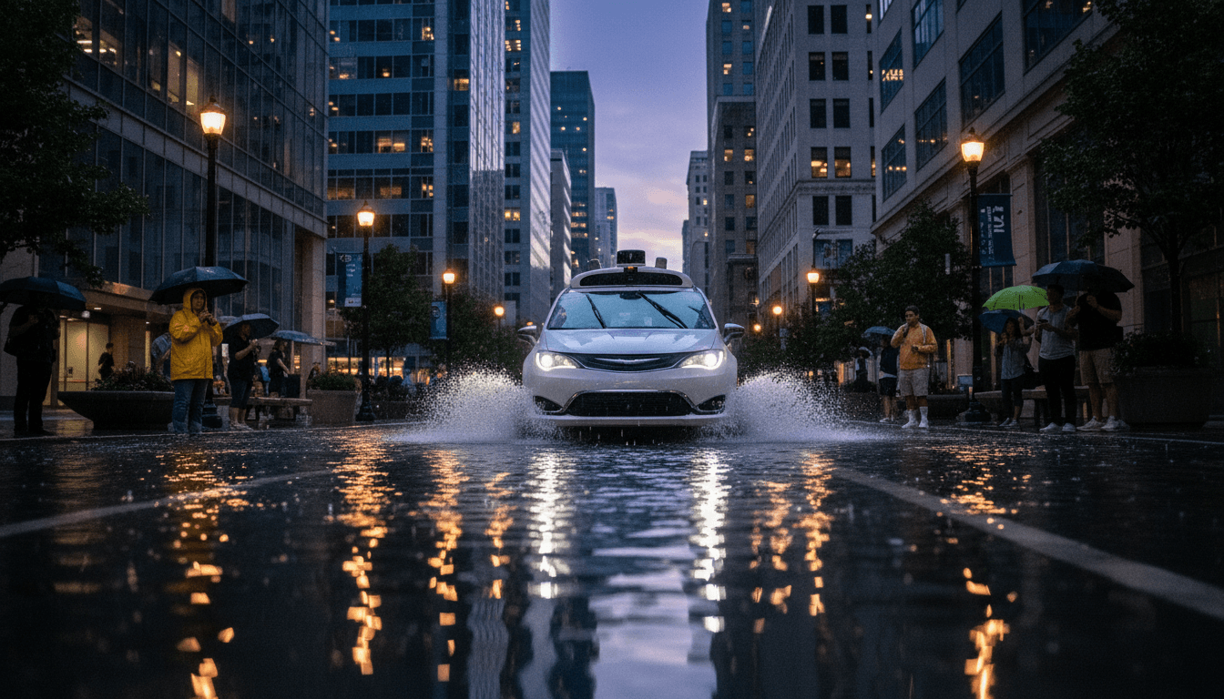 An unoccupied Waymo autonomous car recall vehicle, identified by its distinctive lidar sensors, navigates a partially flooded urban street, with water splashing around its tires as it proceeds at a reduced speed, illustrating the software flaw.