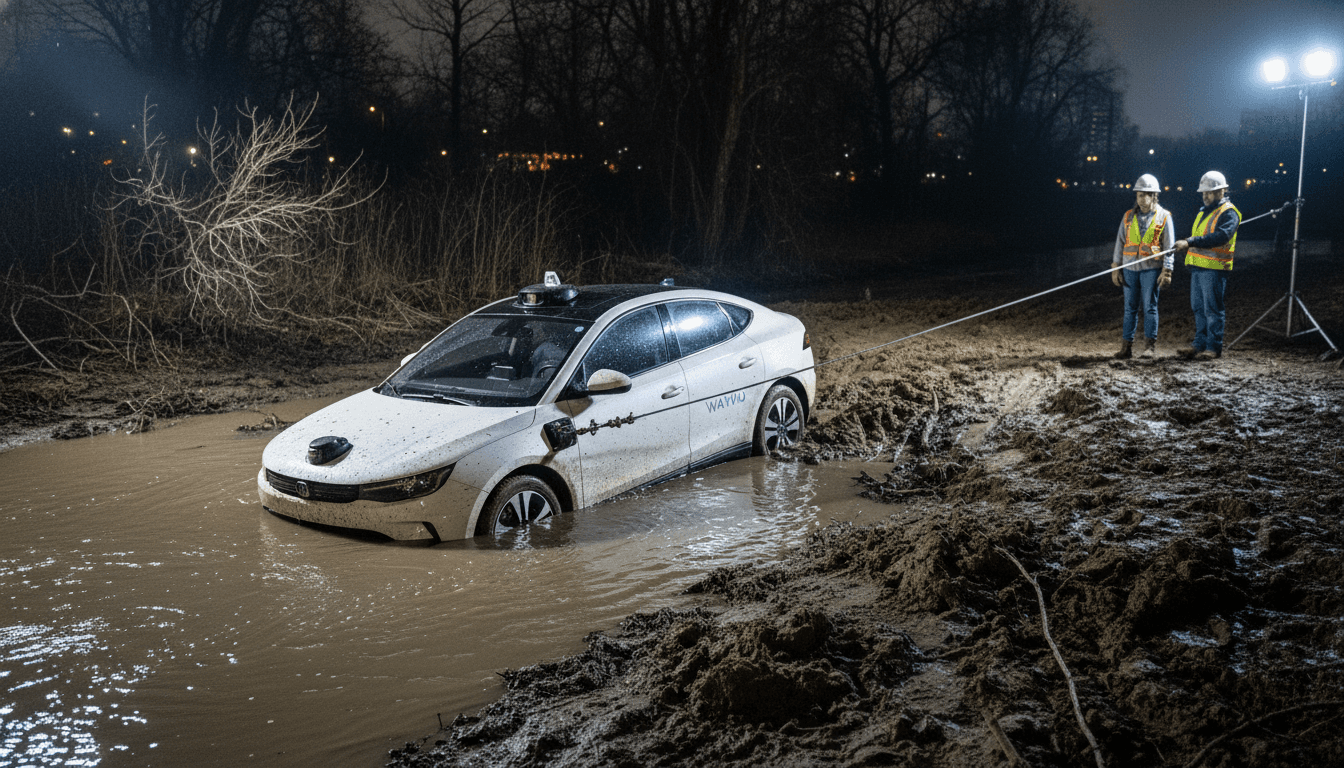 An empty Waymo robotaxi partially submerged in Salado Creek after being swept into the water due to a software glitch during a storm.
