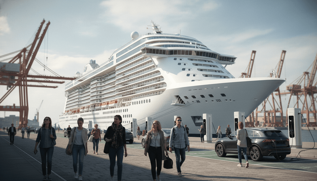 An artist's rendering of the sleek, modern battery-electric cruise ship 'Project Vision' sailing on calm, blue waters under a clear sky.