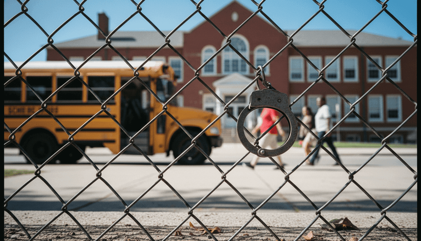 A conceptual image representing the impact of a Columbia drug bust, showing a blurred school building in the background with a symbolic, broken chain link fence in the foreground, signifying disrupted illicit networks and enhanced security.