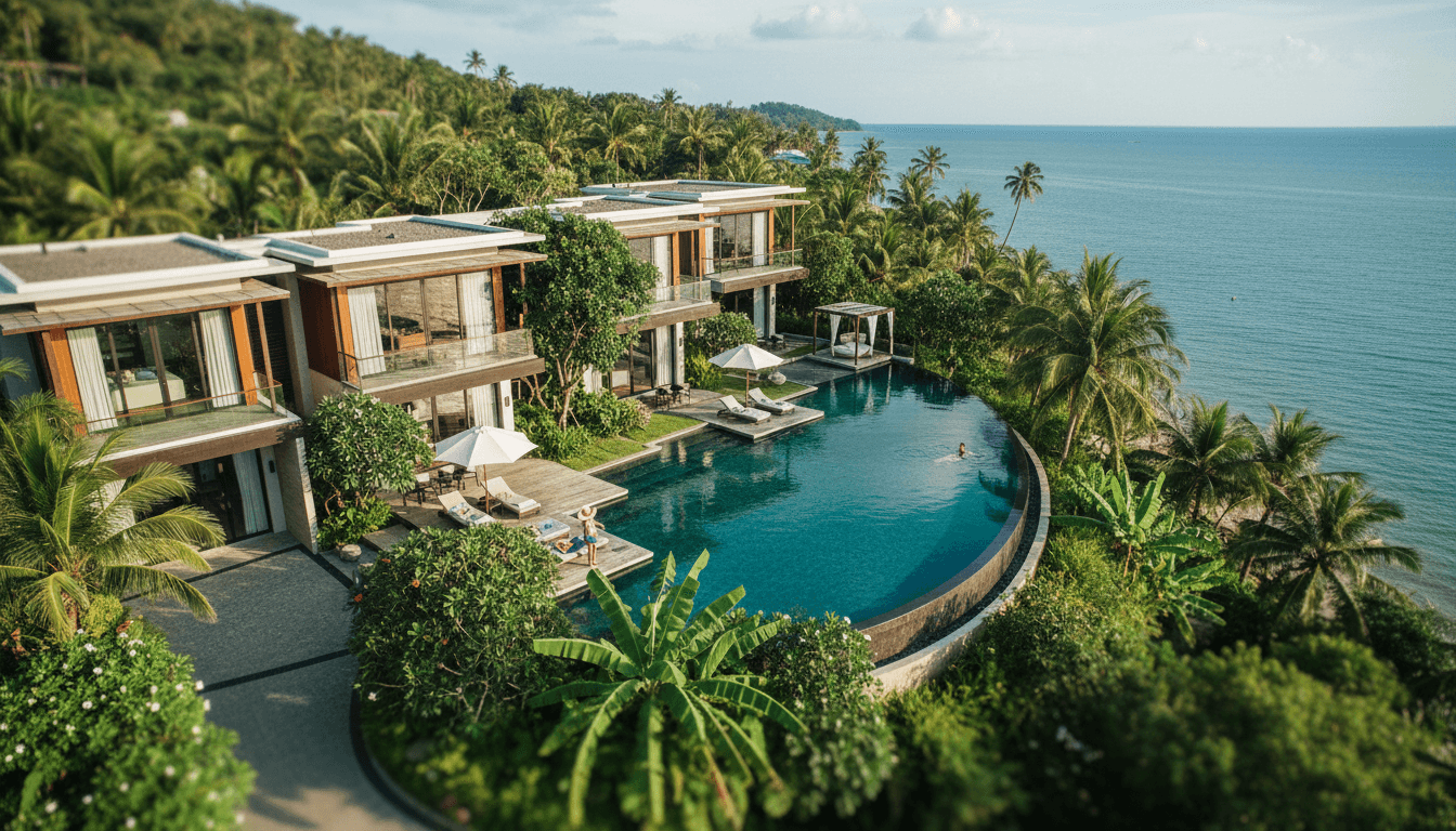 Aerial view of a luxury Koh Samui villa where an Israeli crime boss was arrested, showing its secluded setting.