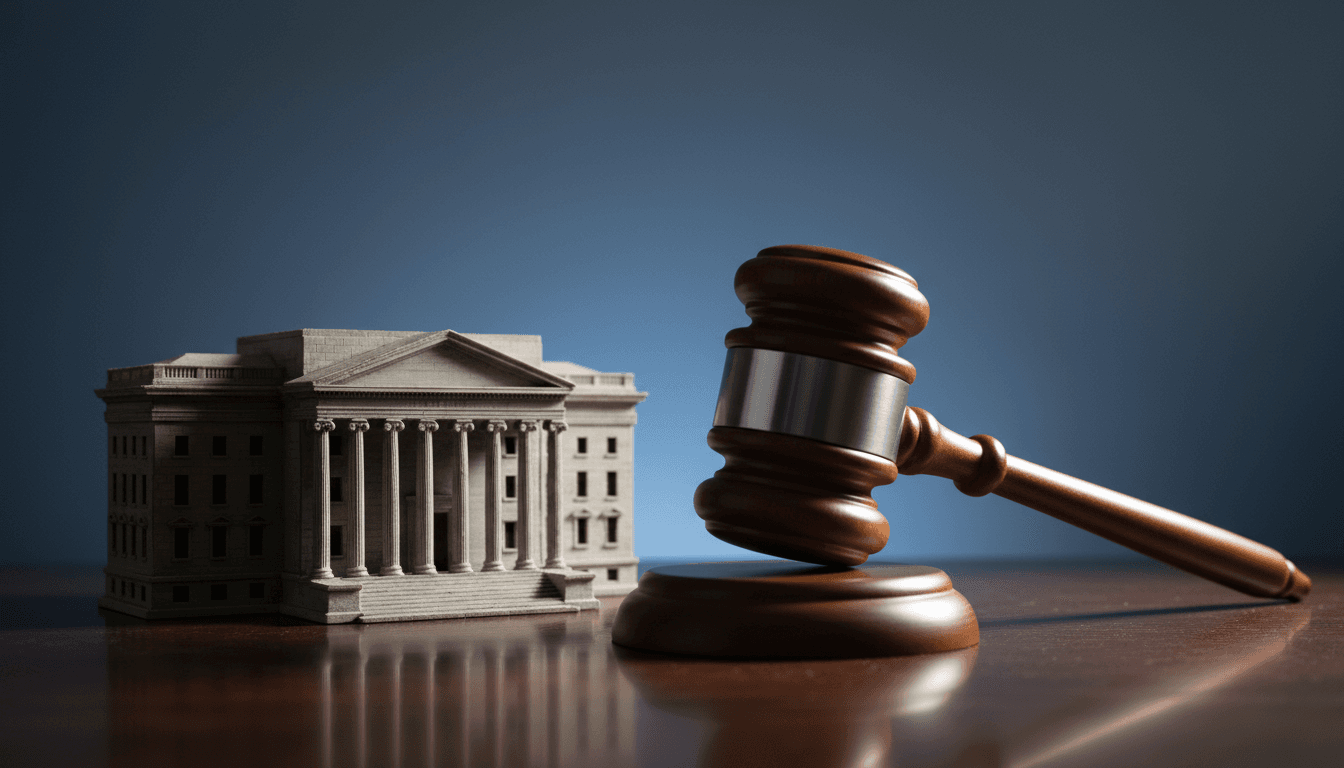 A conceptual image illustrating the weight of the courthouse riot verdicts, with a gavel casting a long shadow over a courthouse facade.