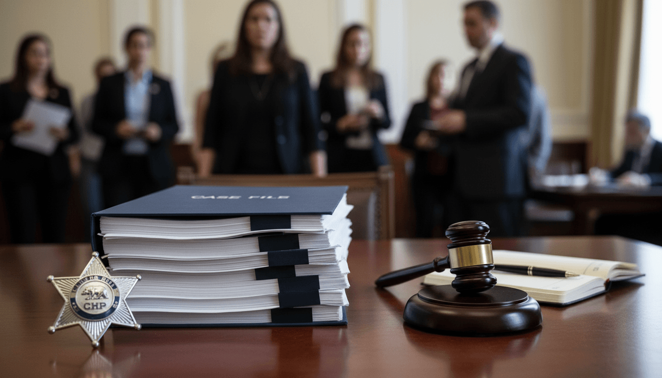 Court documents related to a multi-state murder-for-hire case, a miniature CHP patrol car emblem, and a gavel on a dark wooden table.