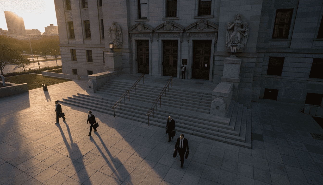 A street-level view of a courthouse entrance with 'teen murder accused' written on a sign.
