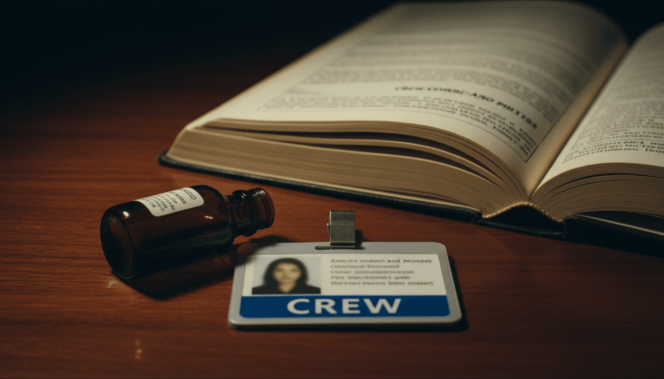 A close-up still life composition featuring a discreetly placed small bottle of alcohol, a generic airline crew ID badge, and a copy of aviation regulations, illustrating the implications of Ryanair crew alcohol arrests.