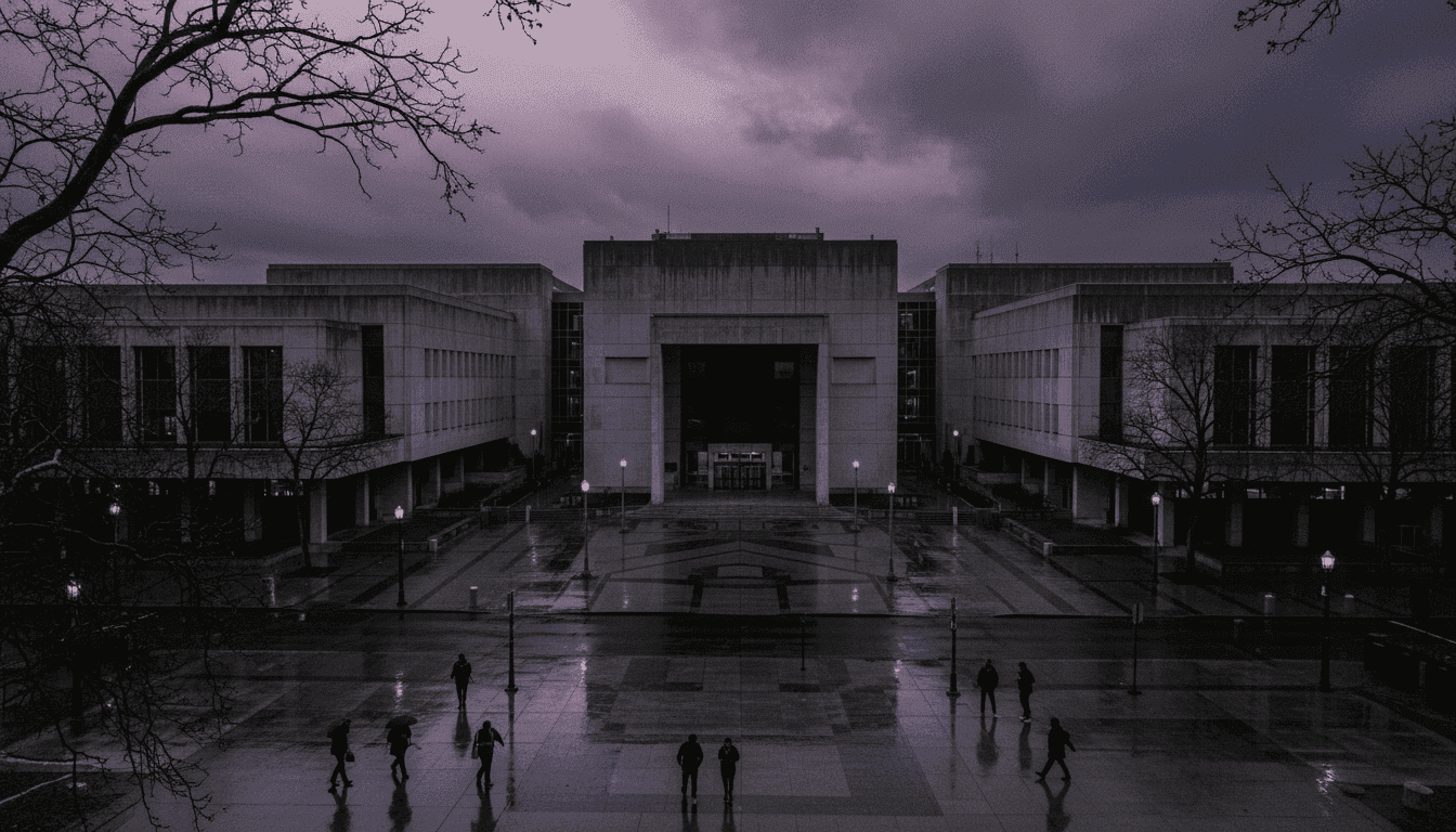 A somber, overcast sky hangs over a courthouse building, emphasizing the gravity of the 'prospective parents guilty' verdict.