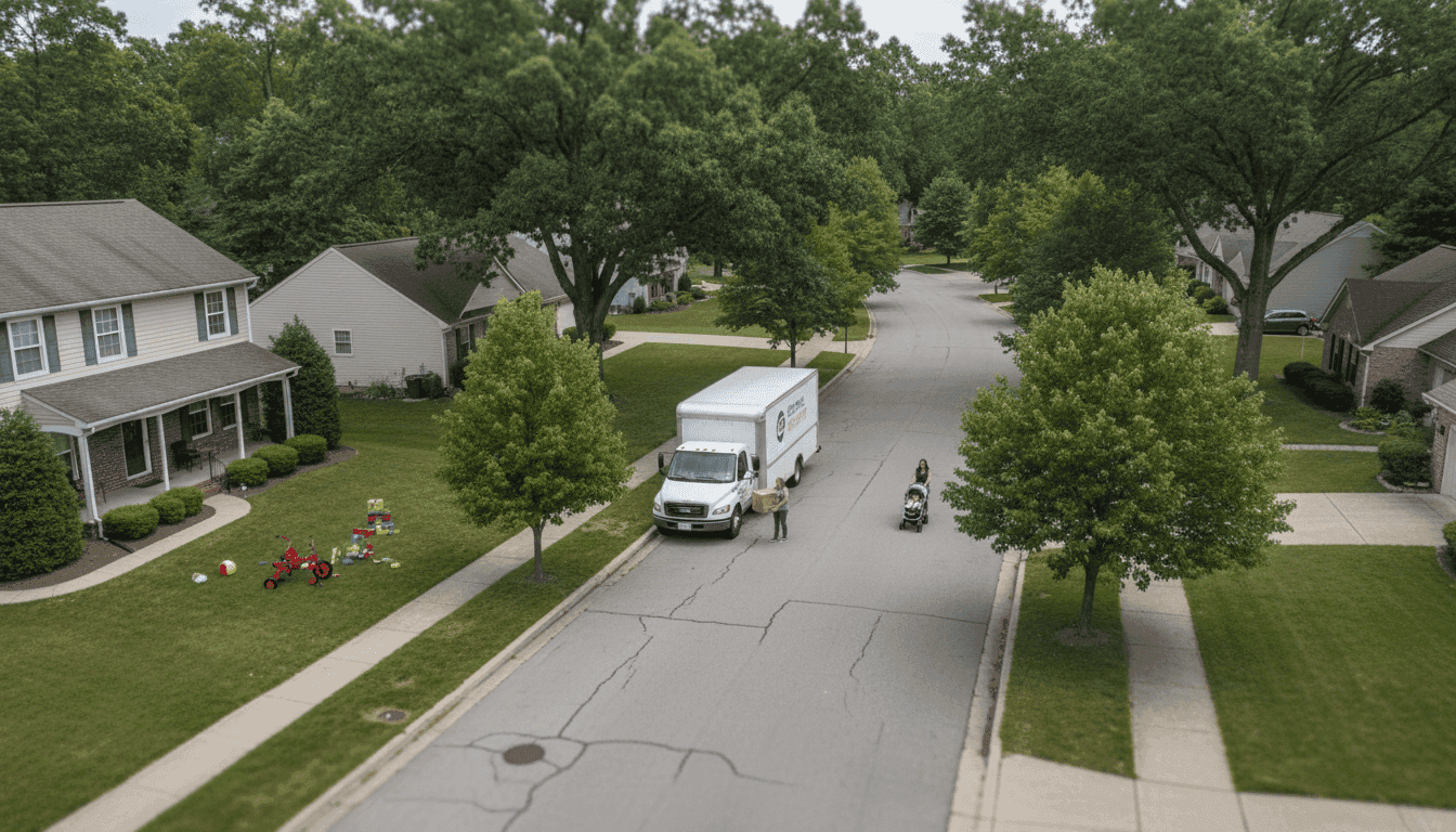 Aerial view of a suburban neighborhood with a delivery truck, symbolizing the broader context of Tanner Horner sentenced to death and industry accountability.