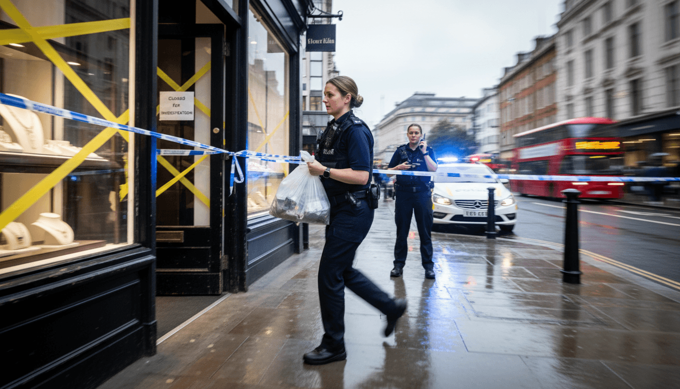 Police officers examining a jewelry store with a 'Halton crime bust' sign in the background, illustrating the ongoing investigation.