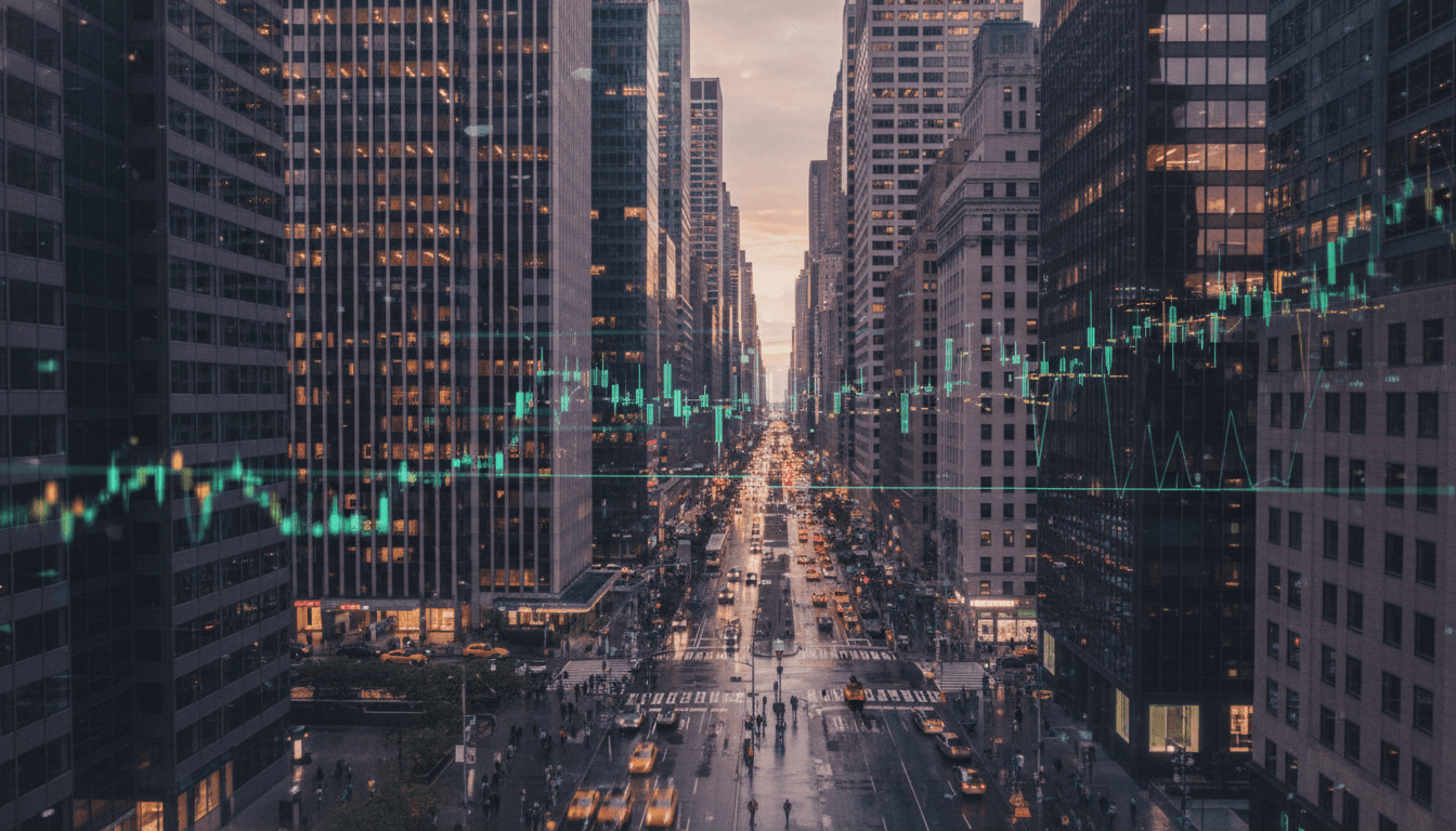 Aerial view of New York City skyline with a digital overlay showing cryptocurrency data and a banner mentioning the Uphold settlement.