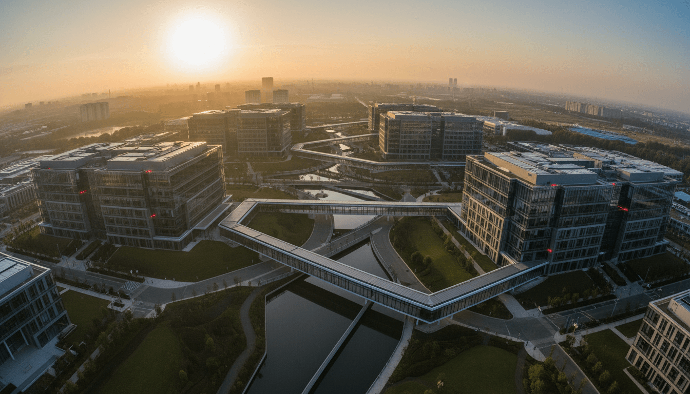 A drone's aerial view of a futuristic data center campus, with sleek, low-rise buildings nestled among manicured green spaces and pathways, symbolizing the physical infrastructure supporting AI startup shares.