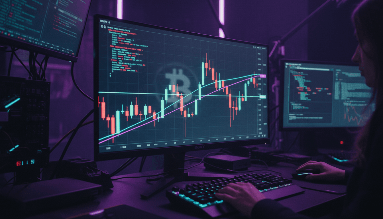 A digital representation of a Bitcoin logo overlaid on a candlestick chart, showing the price action around the $82,000 resistance zone with 200-day moving averages.
