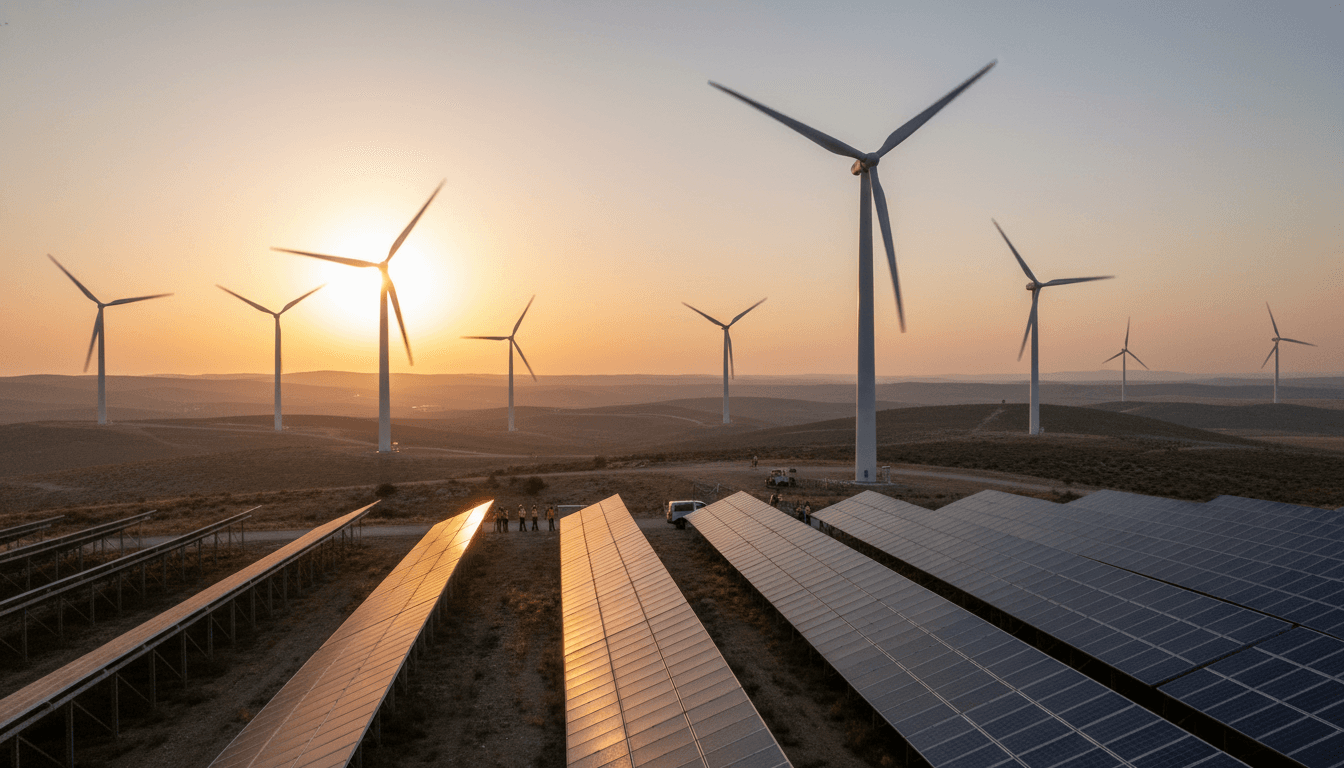 A vast field of operational wind turbines spinning against a clear blue sky, with solar panels visible in the foreground, representing record renewable output in Turkey.