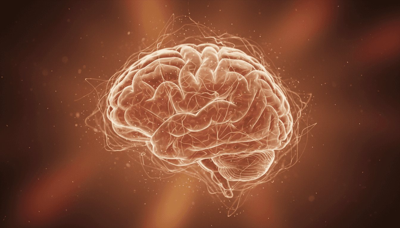 A close-up of a human brain scan showing areas affected by a stroke, overlaid with faint, abstract visualizations of atmospheric pollution particles and rising temperature graphs, symbolizing the new research finding that climate change and pollution are increasing stroke risk.