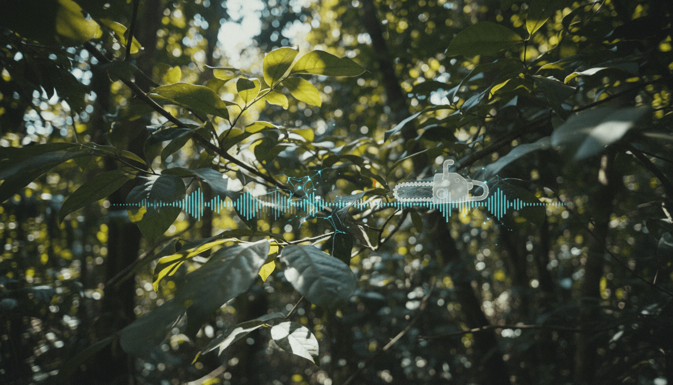 A network of interconnected AI listening devices, represented by glowing nodes, spread across a lush green forest canopy, symbolizing the deployment of AI to combat illegal deforestation.