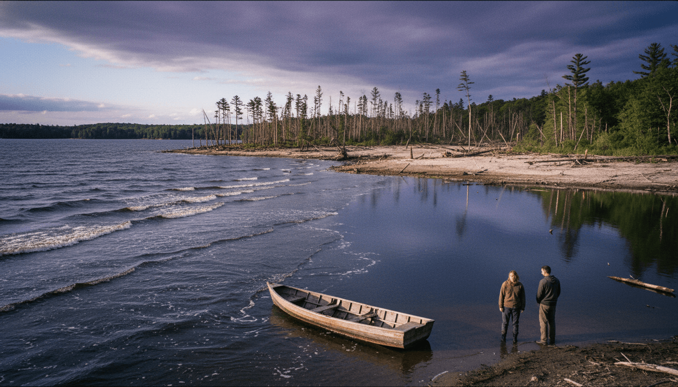 A conceptual image representing the Northern Michigan extreme climate disaster, showing fractured ice on a lake with storm clouds overhead.