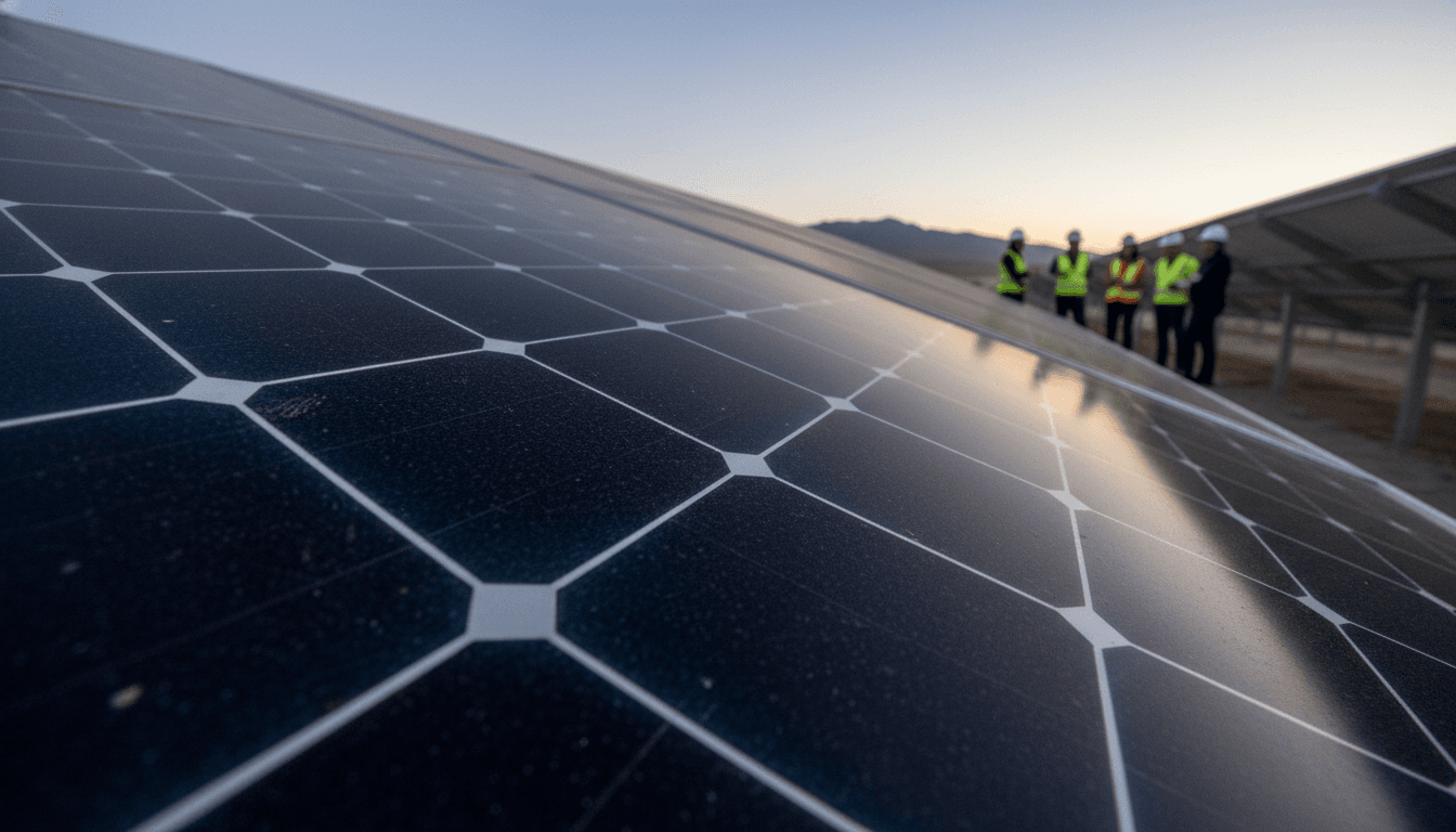 Close-up of a photovoltaic solar panel array reflecting the sky, symbolizing Iran's increase renewable energy capacity.