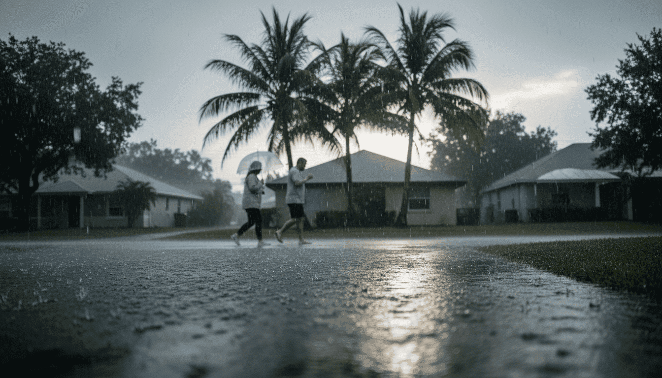 A rain-soaked street in Florida with dark clouds overhead, showing the immediate impact of Florida storms drench drought-hit areas.