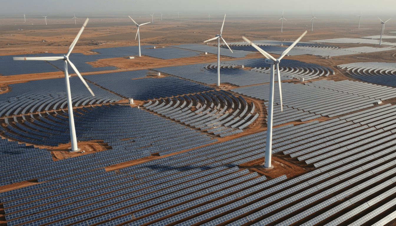 An aerial view of the vast 500 MWp wind-solar hybrid project in Rajasthan, showcasing rows of solar panels interspersed with towering wind turbines.