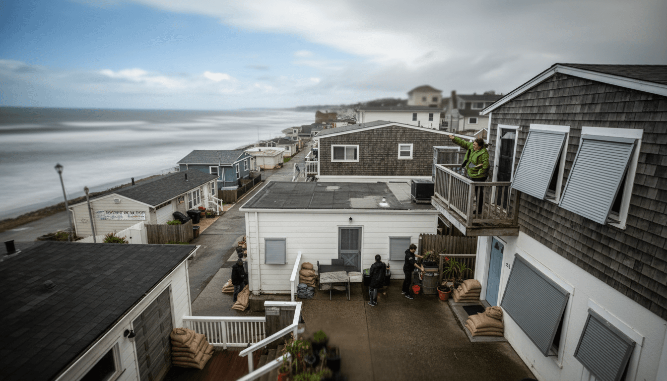 A coastal community preparing for Hurricane Preparedness Week 2026, with residents securing homes against water and wind damage, sandbags stacked, and storm shutters visible.