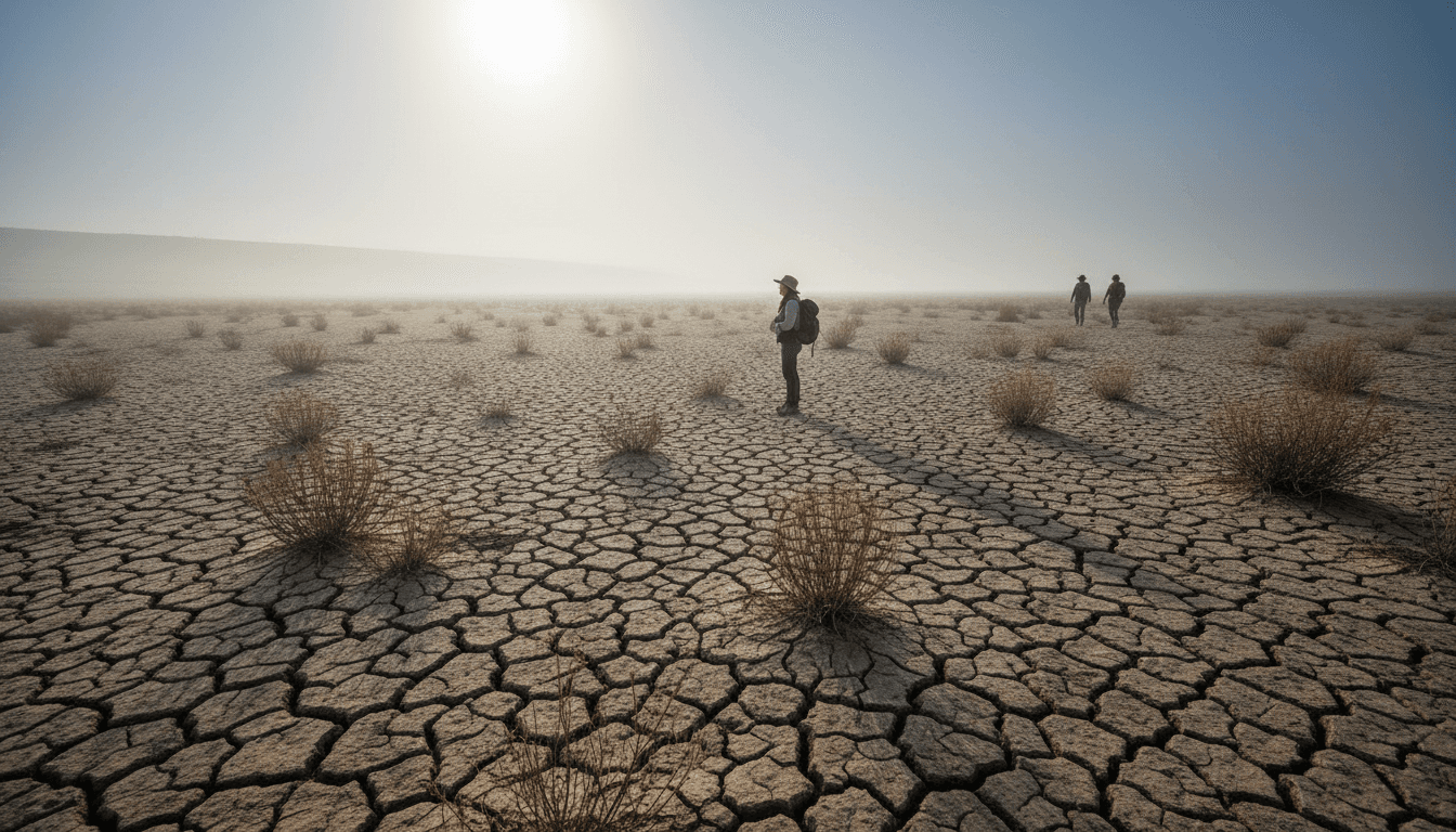 A parched, cracked earth landscape under a hazy sky, illustrating how global drought deepens and the slow, devastating impact of climate change.