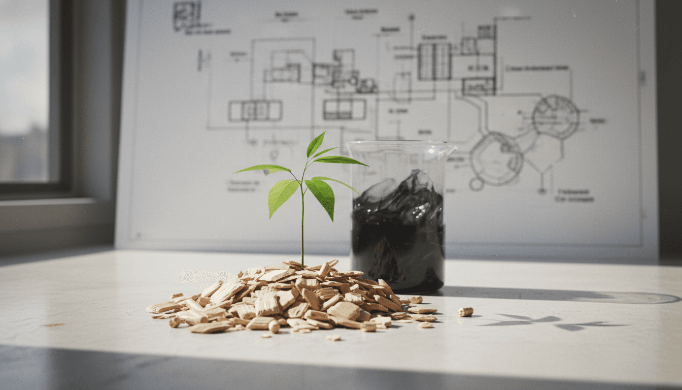 A still life composition featuring a small, healthy green sapling emerging from a pile of wood chips, with a subtle digital interface overlay indicating carbon capture, symbolizing biomass carbon removal potential.