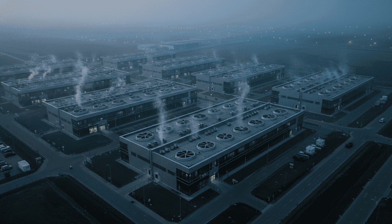 An aerial view of a large data center complex with exhaust plumes visible from backup generators, highlighting data centers air pollution concerns.