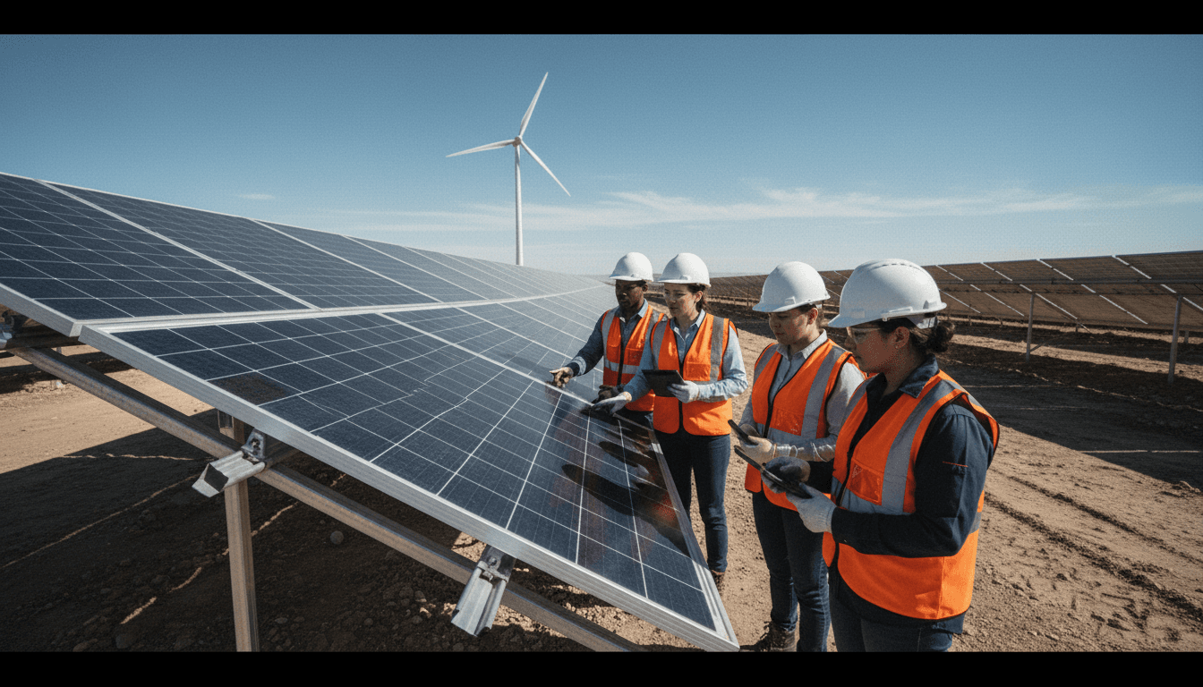 A vast solar farm with rows of photovoltaic panels stretching towards the horizon, symbolizing Avaada Group's expansive renewable energy portfolio.