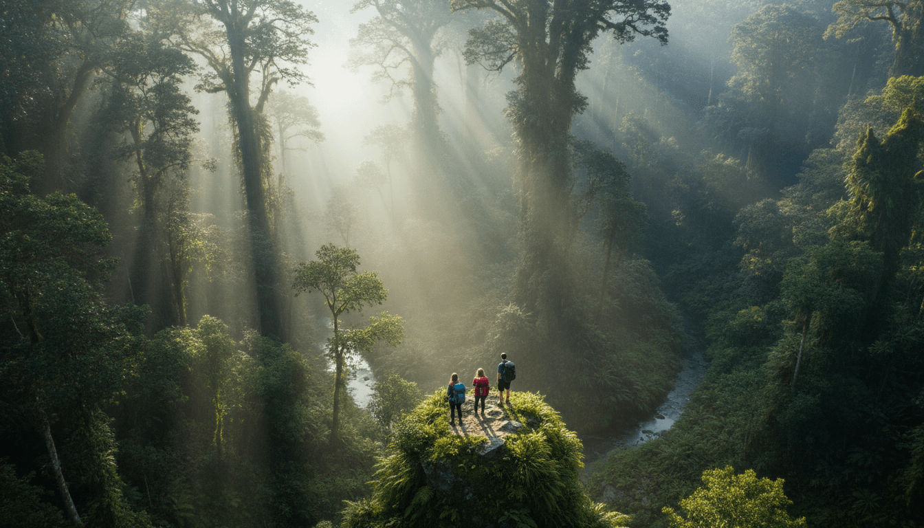 Sunlight filters through a dense, ancient forest canopy, highlighting the vital importance of the COP30 deforestation roadmap.