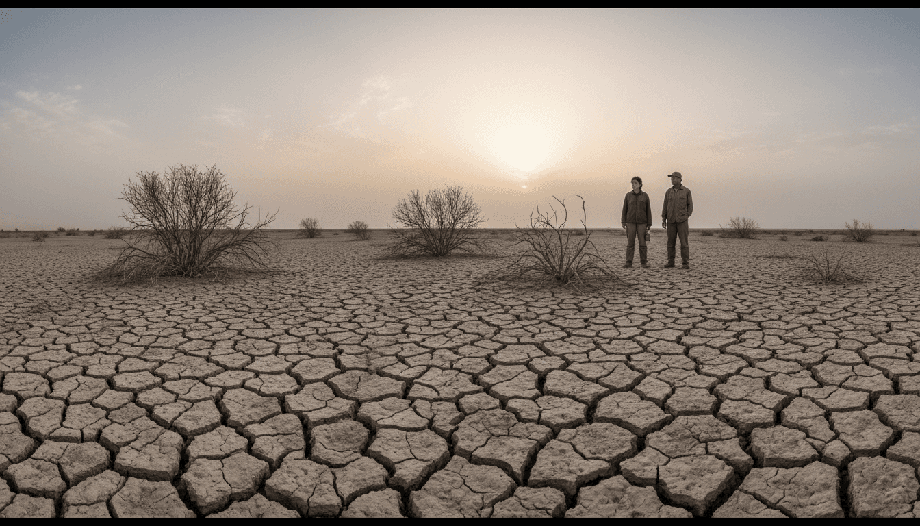 Arid landscape showing cracked earth and sparse vegetation, symbolizing the widespread drought conditions of the danger season.